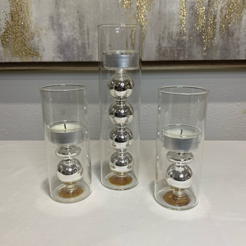 3 Elegant Silver Glass Candle Holders ⭐️
